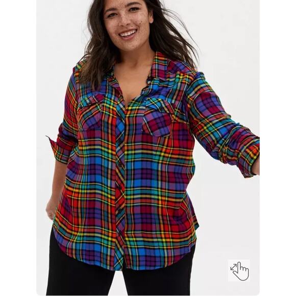 Torrid Challis Button-Down Long Sleeve Shirt Rainbow Plaid Size 3X Fall Western - Picture 2 of 15
